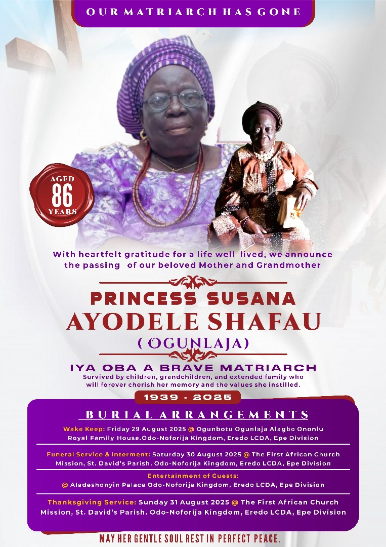 Noforija Mourns as Royal Matriarch, Princess Susana Ayodele (Nee Ogunlaja – Iya Oba), Passes On at 86. 